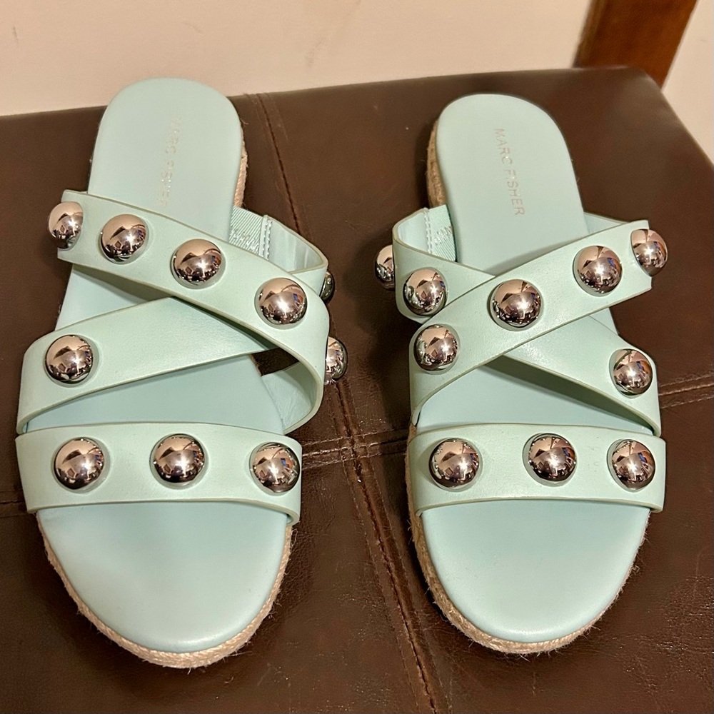 Marc Fisher Sandals Womens Size 8.5 Green Prisca Espadrille Studded Slides